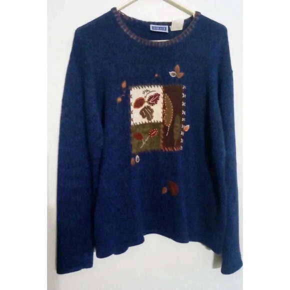 Erika & Co. Sweaters - Erika‎ & Co. Vintage Sweater Fall Leaves Theme Blue Pullover Size Large